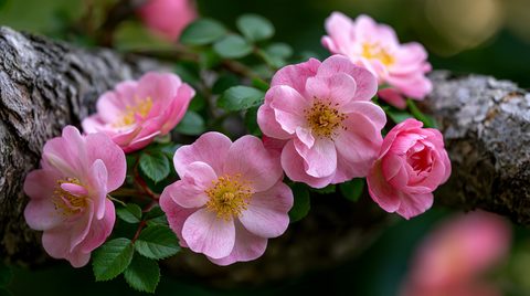Close-up photograph of a cluster of five-petaled pink dog-rose flowers blooming along a textured, mossy grey tree branch with a softly blurred green background.