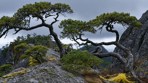 A high-altitude, rocky ridge features two elegantly gnarled, weathered dwarf stone pine trees growing out of mossy, lichen-covered granite boulders. A tiny brown pika is perched quietly on the slope of the foreground rock. In the background, rugged rock faces, jagged forested peaks, and a brooding, overcast gray sky create a dramatic, atmospheric sub-alpine landscape.