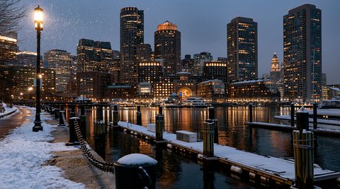 A scenic winter twilight view of the Boston Financial District skyline illuminated at night, looking across the calm, reflective waters of Boston Harbor from a snow-dusted Fan Pier boardwalk with wooden docks in the foreground.
