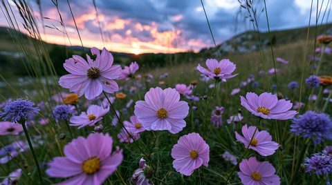 A beautiful close-up wide-angle landscape photograph of purple and lavender wildflowers blooming in a mountain meadow in Bosnia at sunset, with a dramatic, colorful sky over rolling hills in the background.