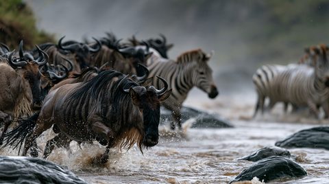 A dense herd of blue wildebeest and zebras charging frantically through the churning, muddy waters of a river during the Great Migration, kicking up dramatic splashes around wet rocks.