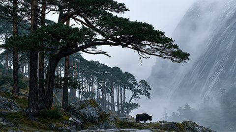A lone wild yak stands on a rocky, moss-covered ridge beneath a sprawling, ancient pine tree, overlooking a deep mountain valley flanked by sheer, snow-dusted granite walls shrouded in heavy white fog.