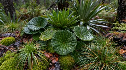 A lush, close-up view of the wet subantarctic forest floor featuring large, round, crinkled leaves of a Macquarie Island Cabbage plant surrounded by spiky grass trees and bright green moss in Tasmania.