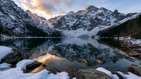 A wide-angle, symmetrical photograph of a mountain lake reflecting jagged, snow-capped granite peaks during a golden winter sunset.