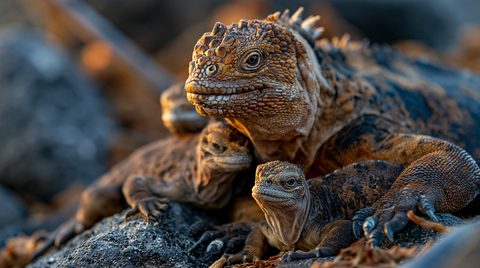 A large adult Galápagos land iguana with patterned scaly yellow-brown skin stands protectively over two smaller juvenile iguanas on dark volcanic lava rock.