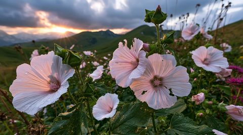 A close-up wide-angle landscape photograph of light pink wild mallow flowers blooming on a green mountain ridge in Bosnia at sunrise, with a dramatic, cloudy sky over rolling peaks in the background.
