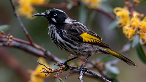 A sharp profile view of a New Holland Honeyeater with black and white streaked plumage and brilliant yellow wing patches perching on a thin branch surrounded by blurred yellow flowers in Tasmania.