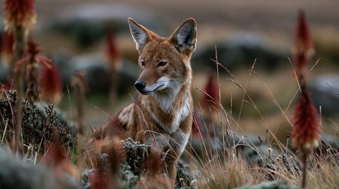 A rare Ethiopian wolf sits alert amidst wild grasses and tall, reddish-orange torch lily flowers in a rugged alpine moorland backdrop.